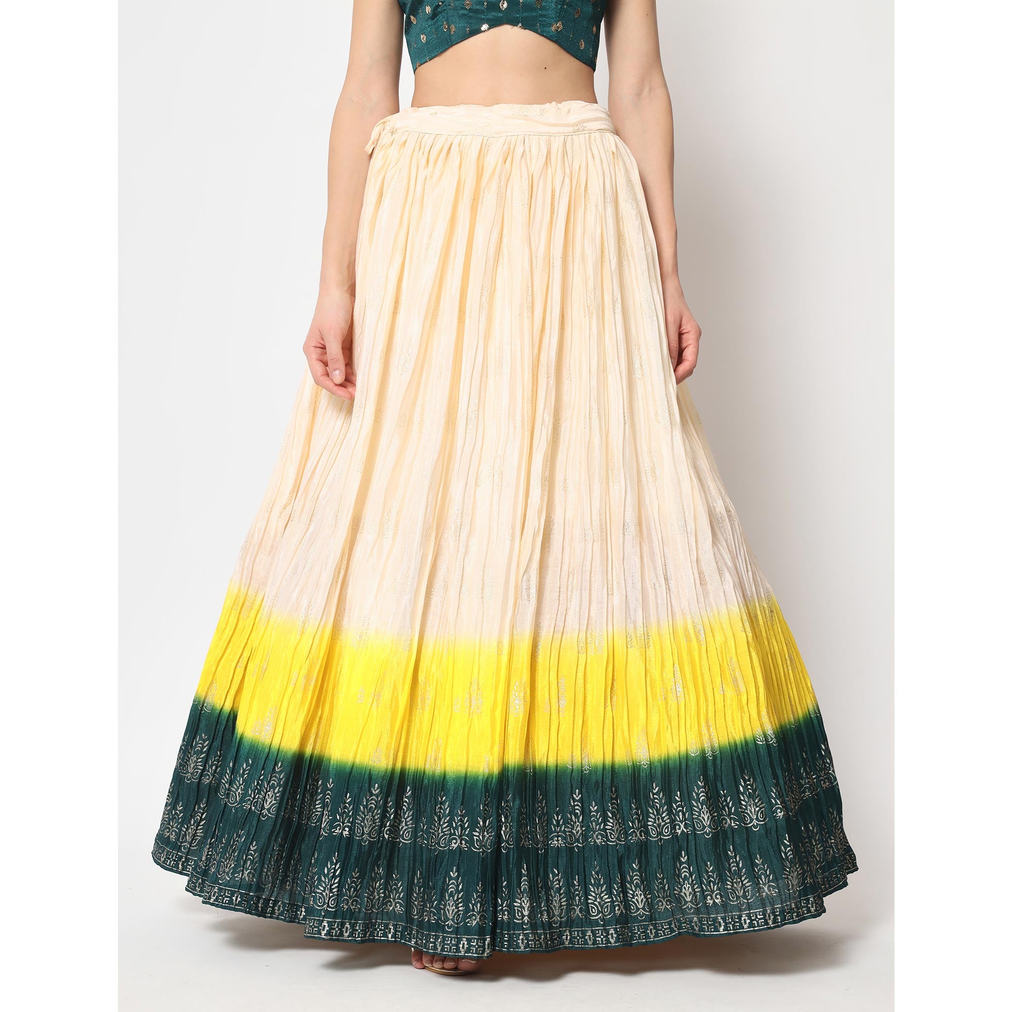 Cream Foil Printed Chiffon Lehenga Choli