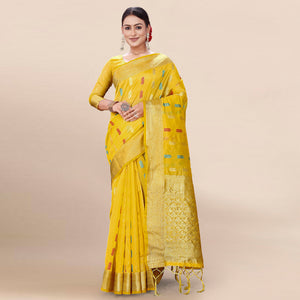 Yellow Woven Organza Saree With Tassels