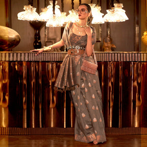 Brown Woven Linen Saree With Tassels