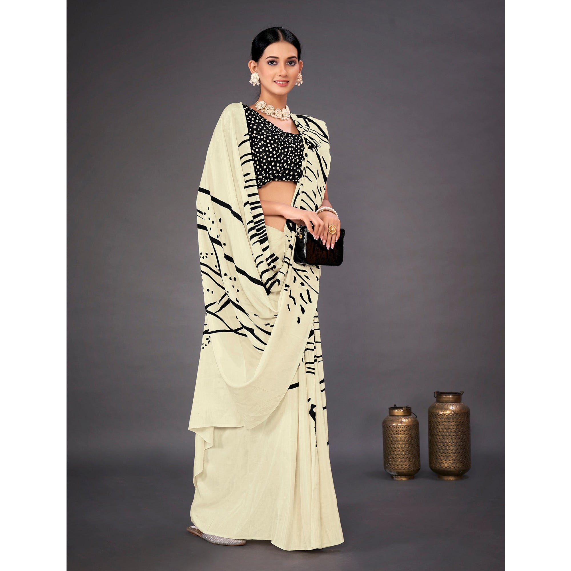 Off White Digital Printed Crepe Saree