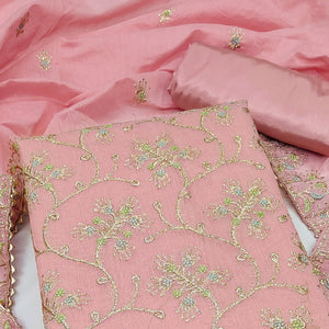 Pink Floral Embroidered Chanderi Dress Material