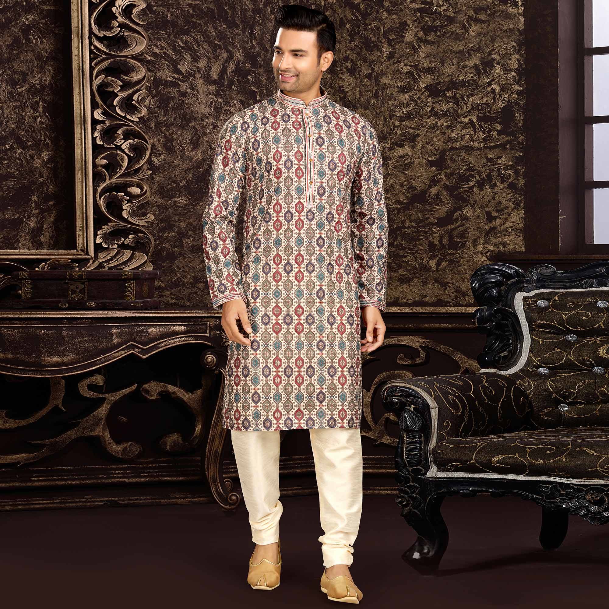 Multicolor Lucknowi And Digital Printed Cotton Kurta Pyjama Set