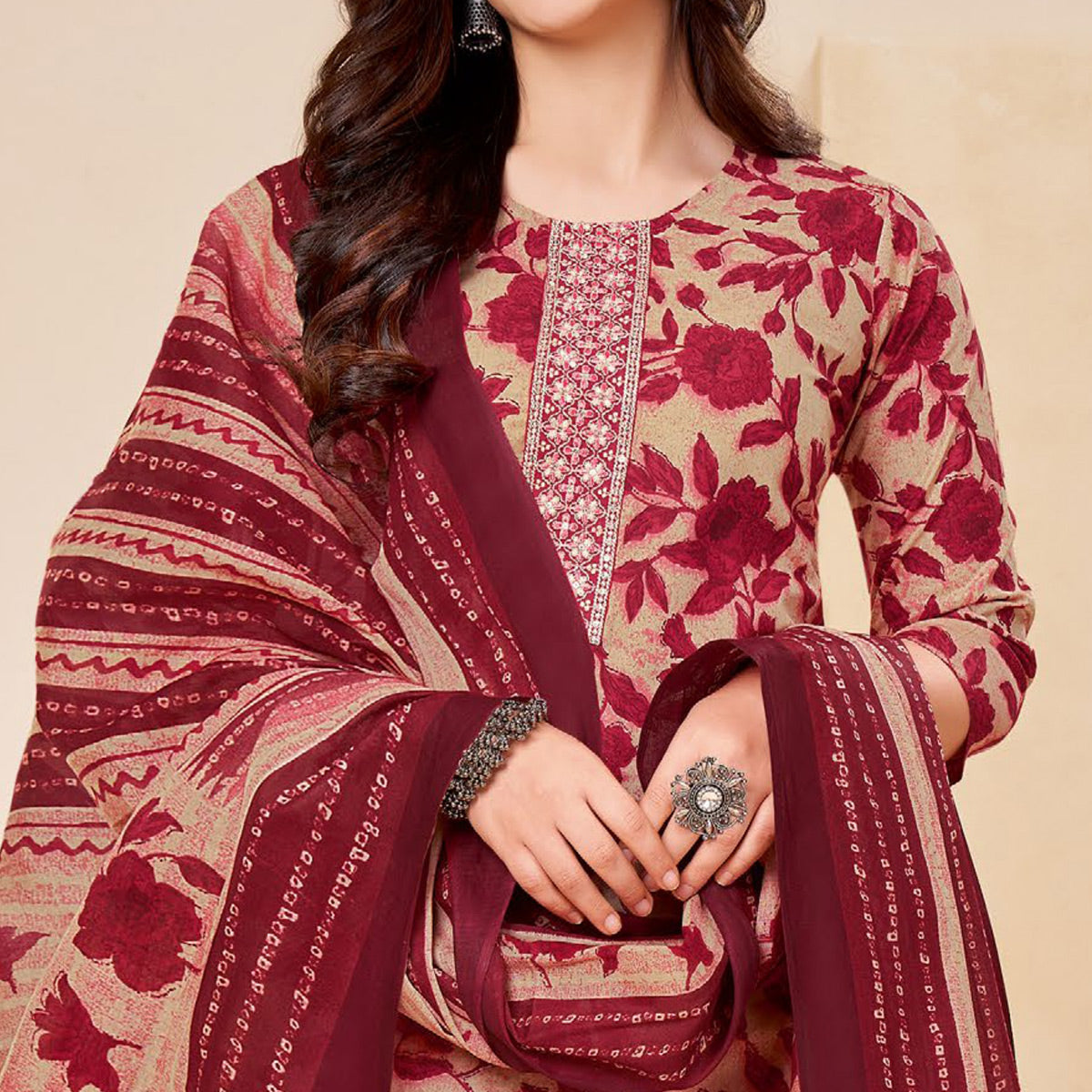 Beige Maroon Printed With Tie Embroidered Pure Cotton Suit