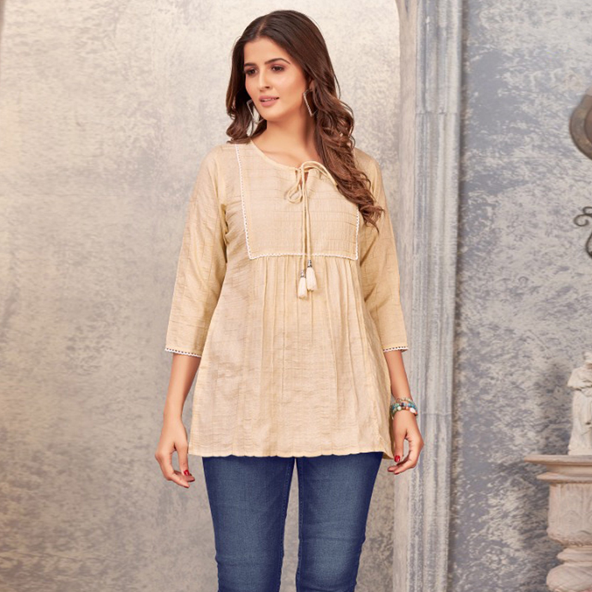 Beige Embroidered Cotton Silk Top
