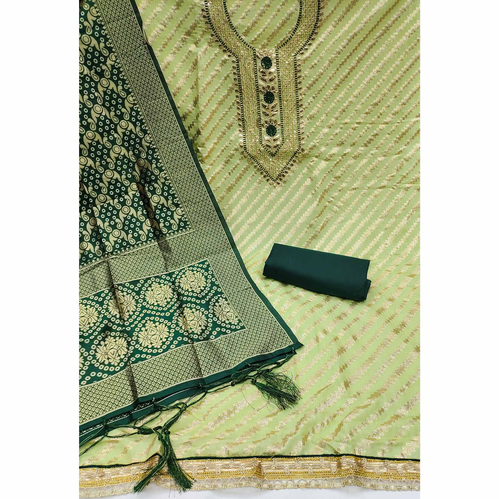 Green Woven With Embroidered Chanderi Dress Material