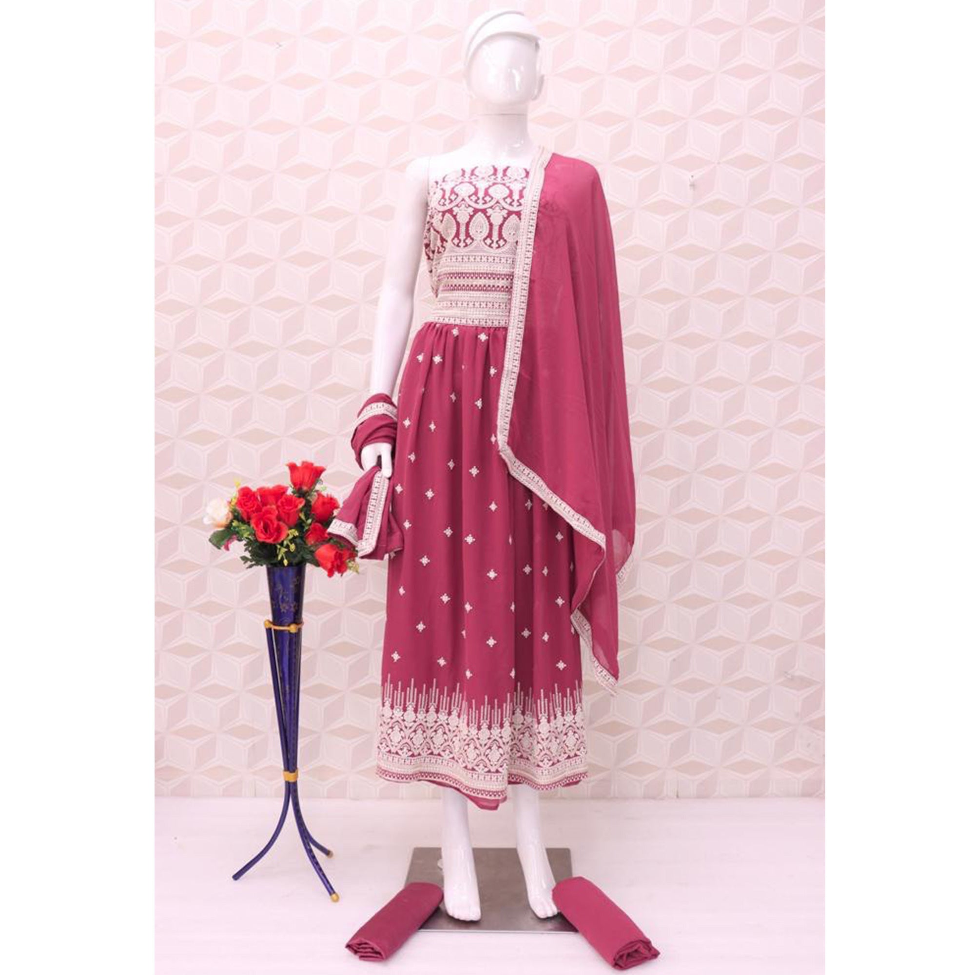 Pink Sequins Embroidered Georgette Semi Stitched Naira Cut Palazzo Suit