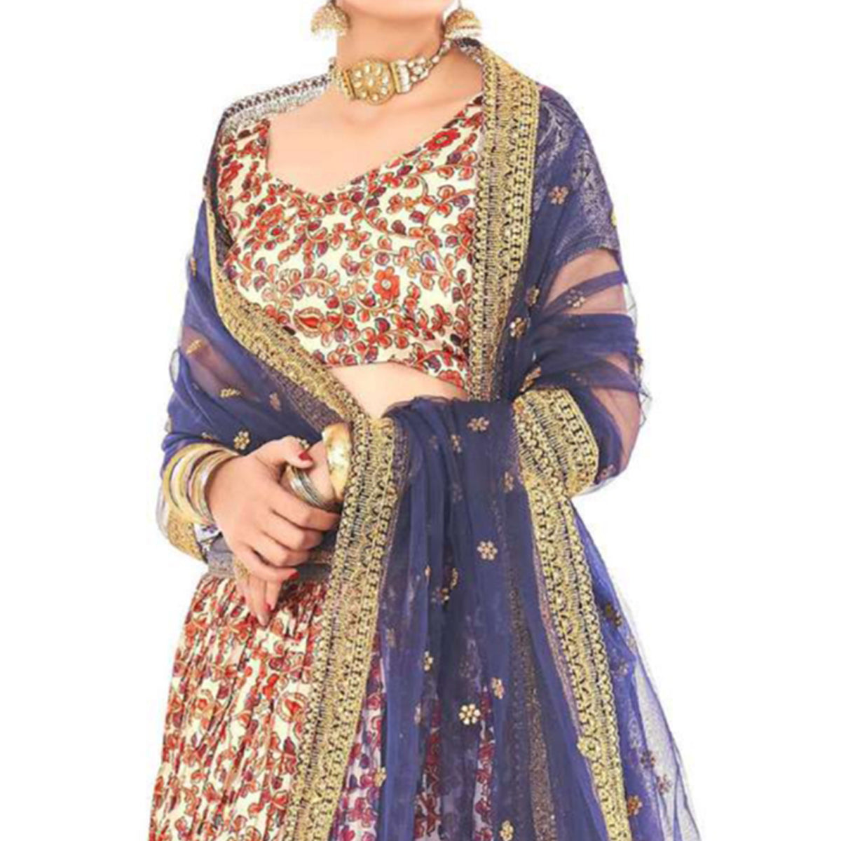 Offwhite Digital Printed With Zari Work Art Silk Lehenga Choli