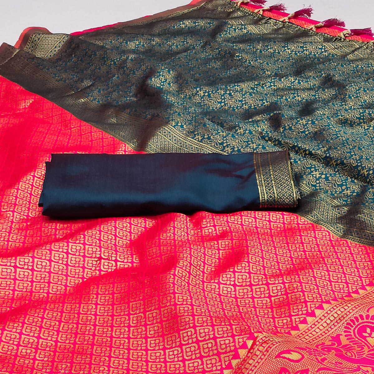 Pink Woven Jacquard Saree With Tassels