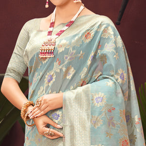 Blue Floral Woven Art Silk Saree