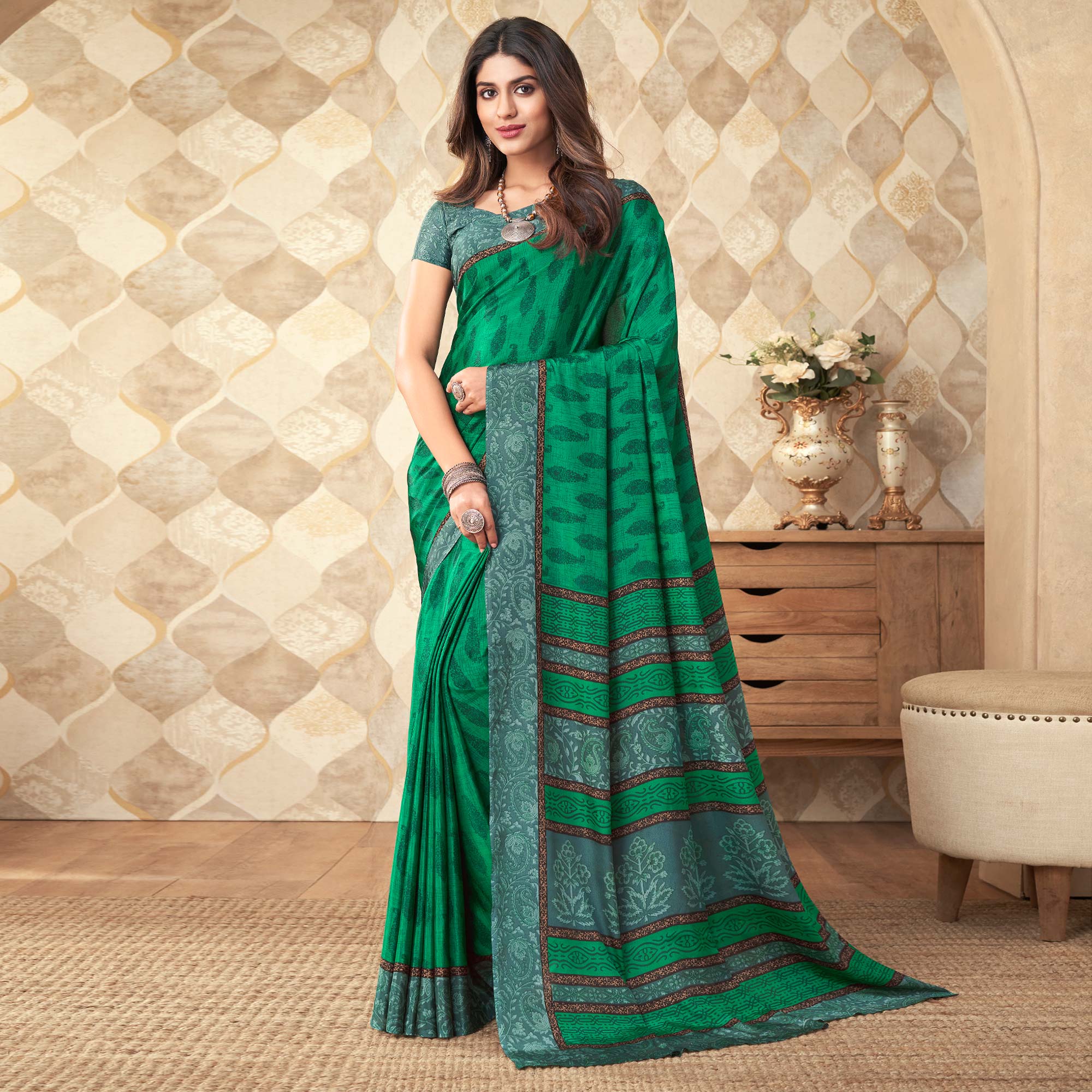 Green Printed Crepe Saree