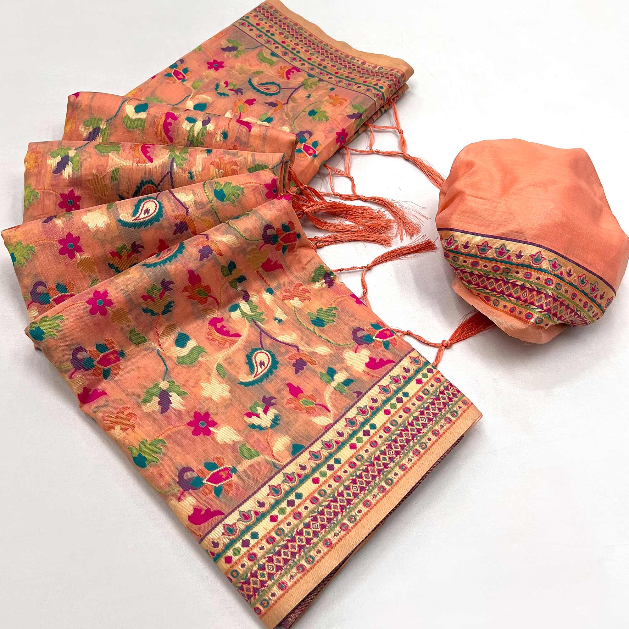 Peach Floral Woven Chanderi Saree