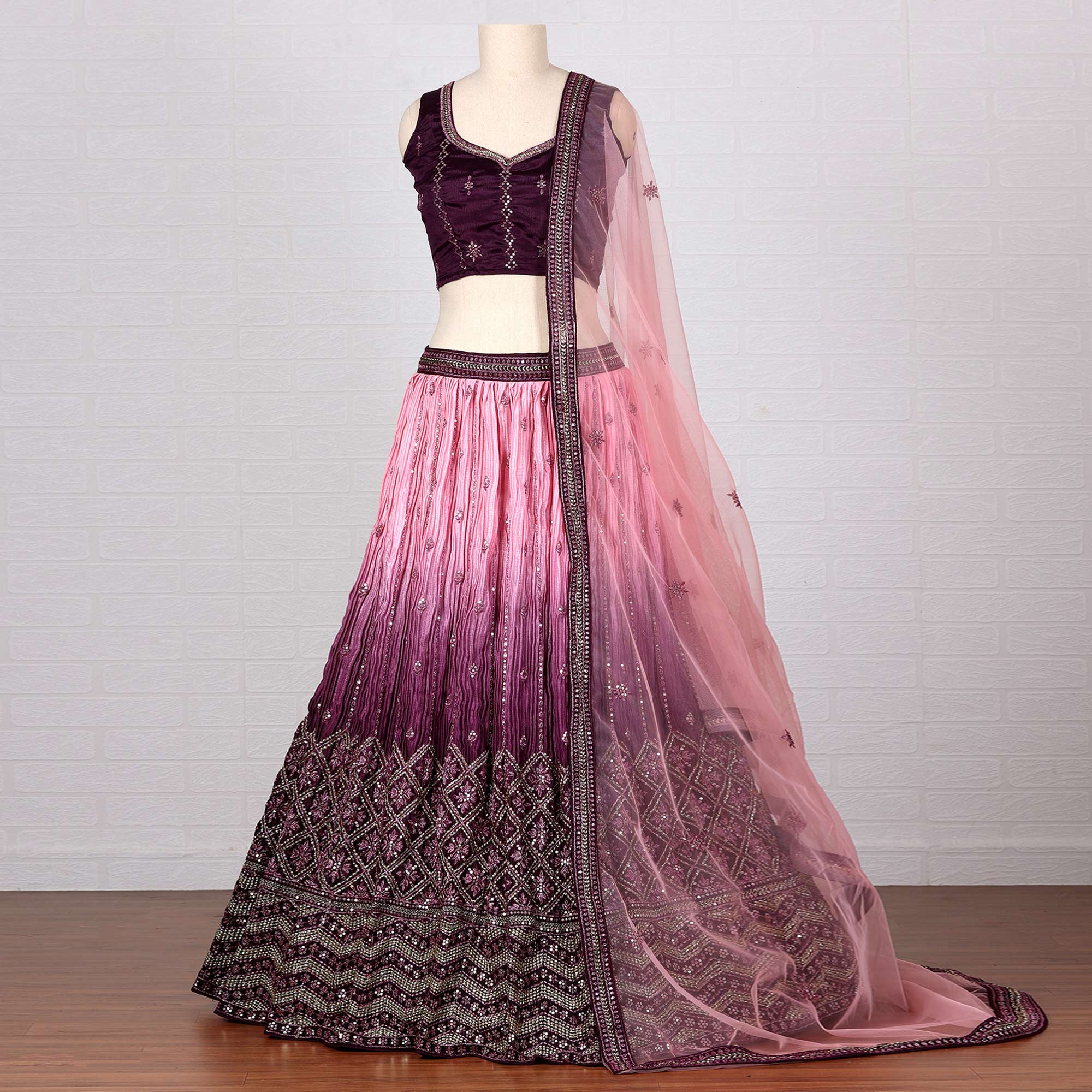 Purple Sequins Embroidered Satin Lehenga Choli