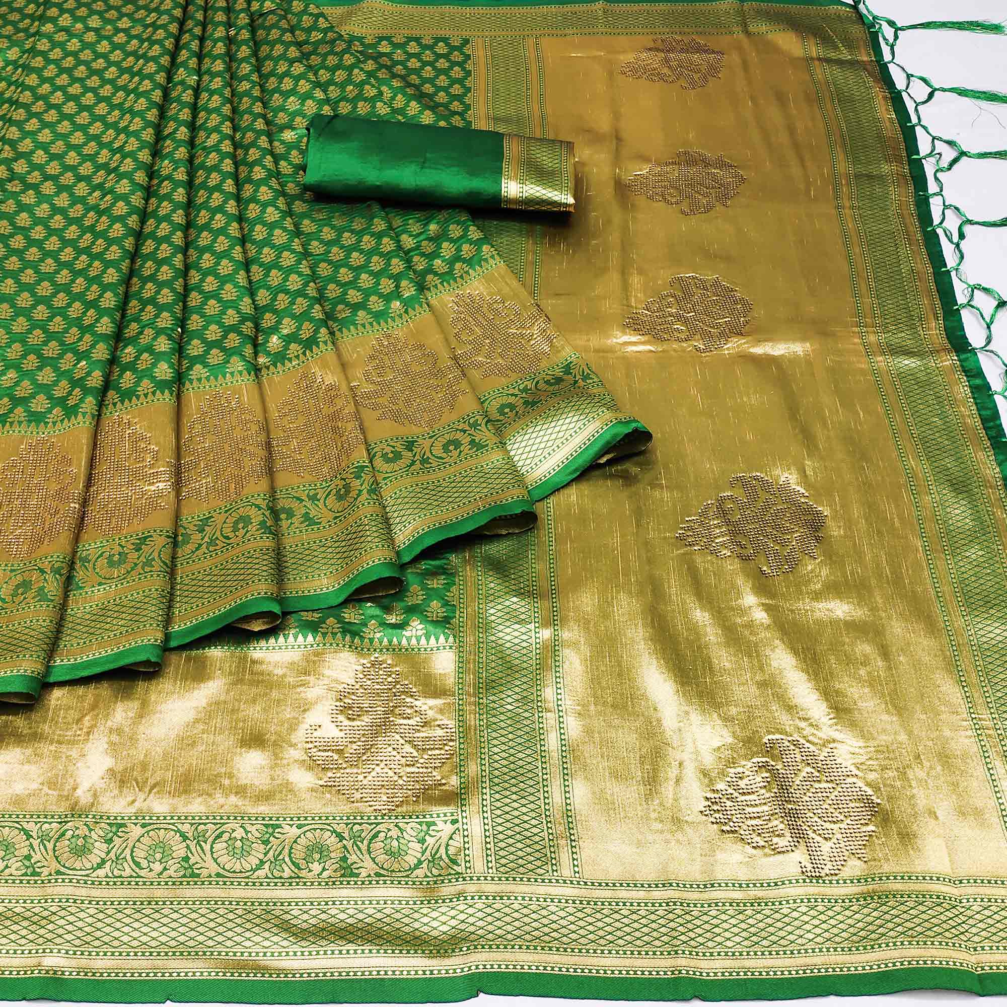 Green Woven Art Silk Saree With Tassels