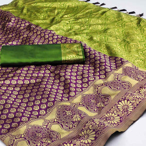 Purple Woven Banarasi Silk Saree With Tassels