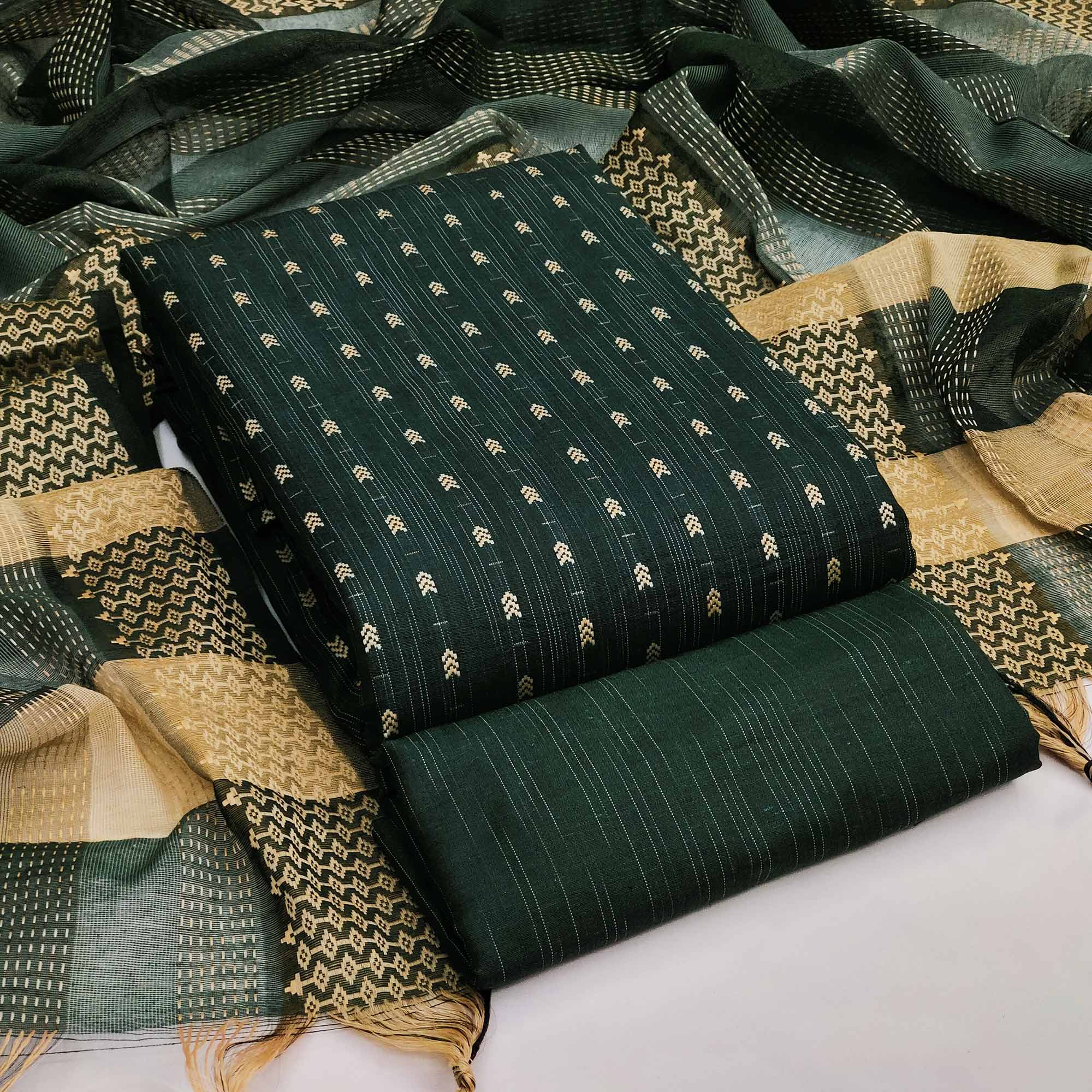 Bottle Green Woven Cotton Blend Dress Material