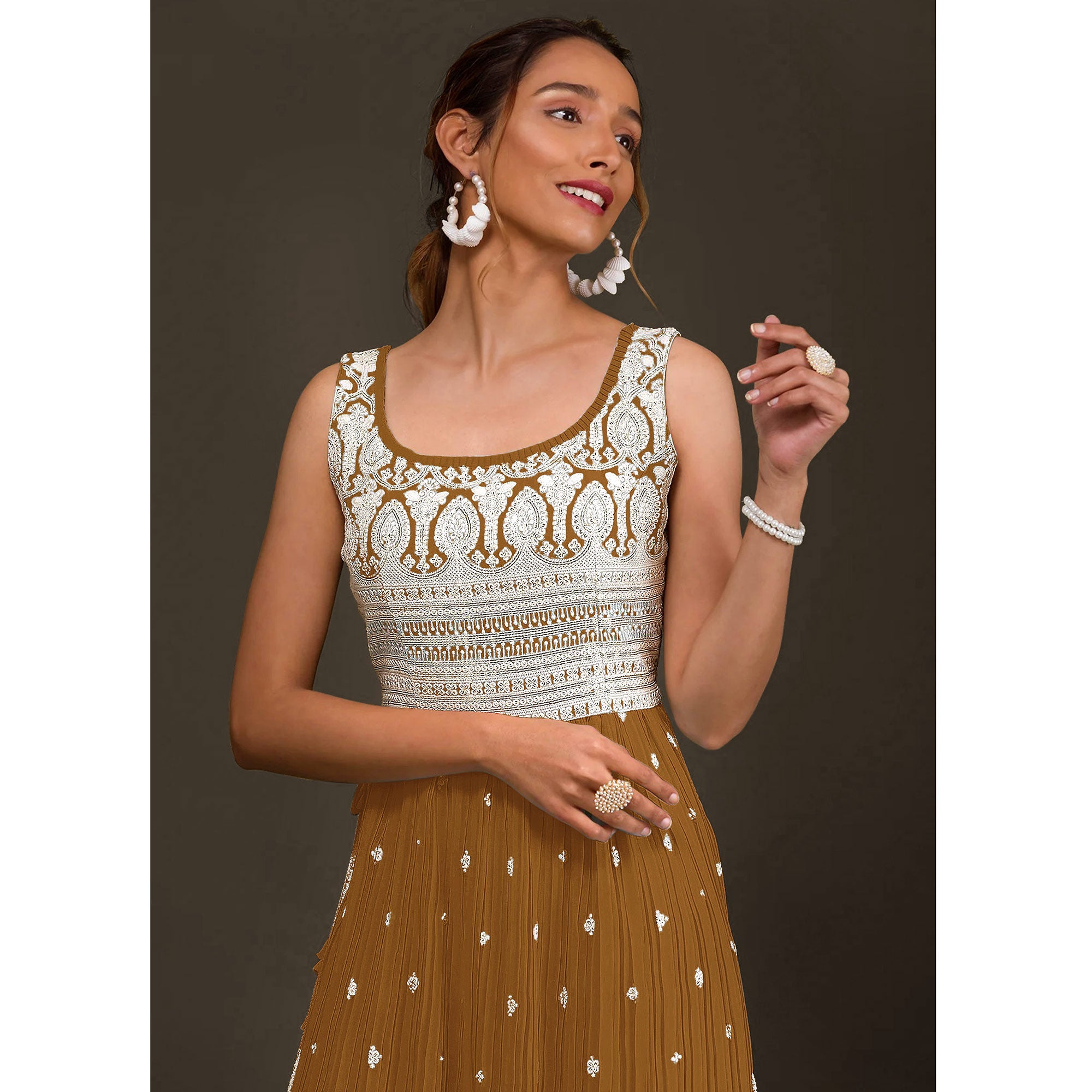 Golden Brown Sequins Embroidered Georgette Semi Stitched Naira Cut Palazzo Suit