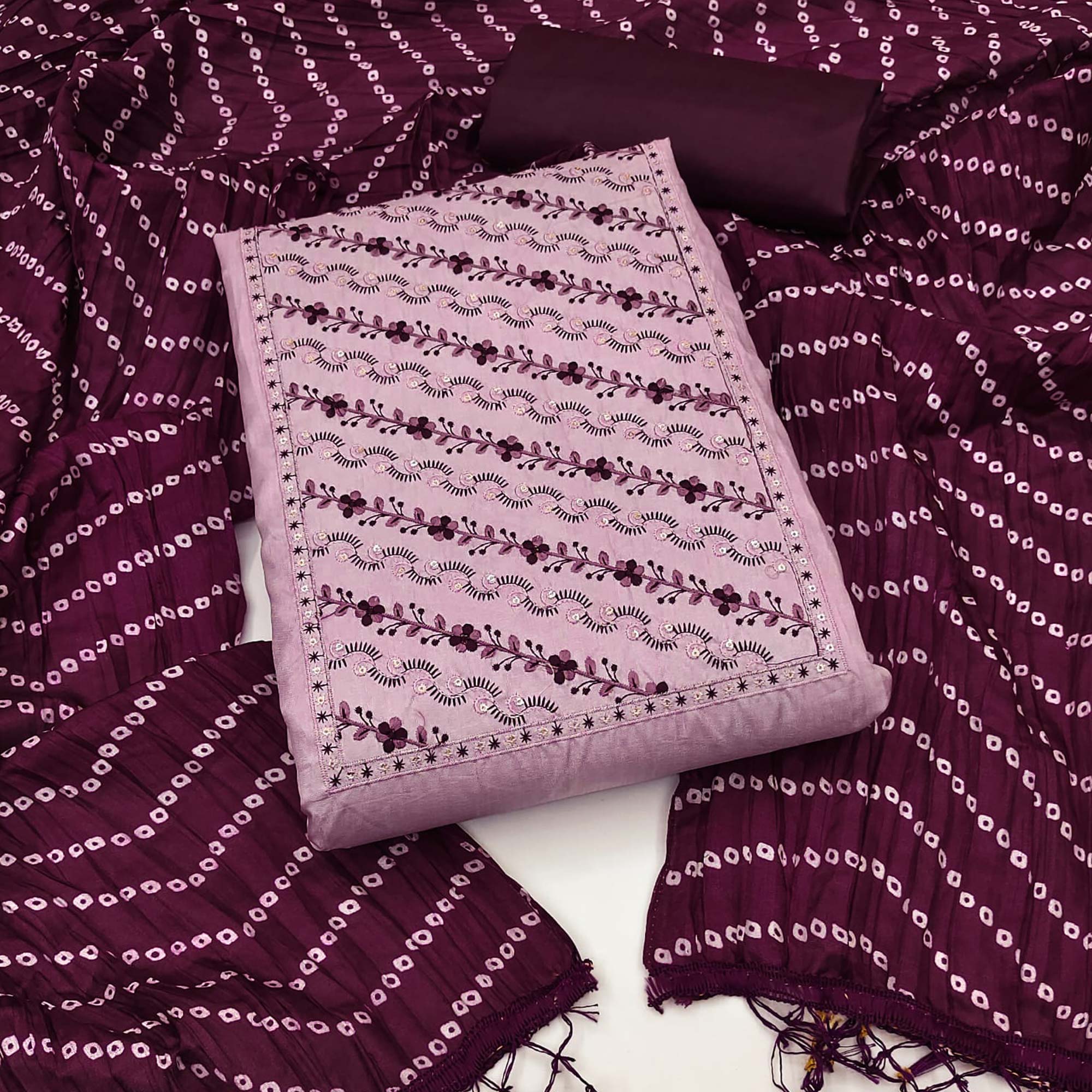 Pink Embroidered Raw Silk Dress Material