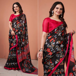 Black Floral Printed Jute Saree With Tassels