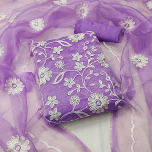 Purple Floral Embroidered Organza Dress Material