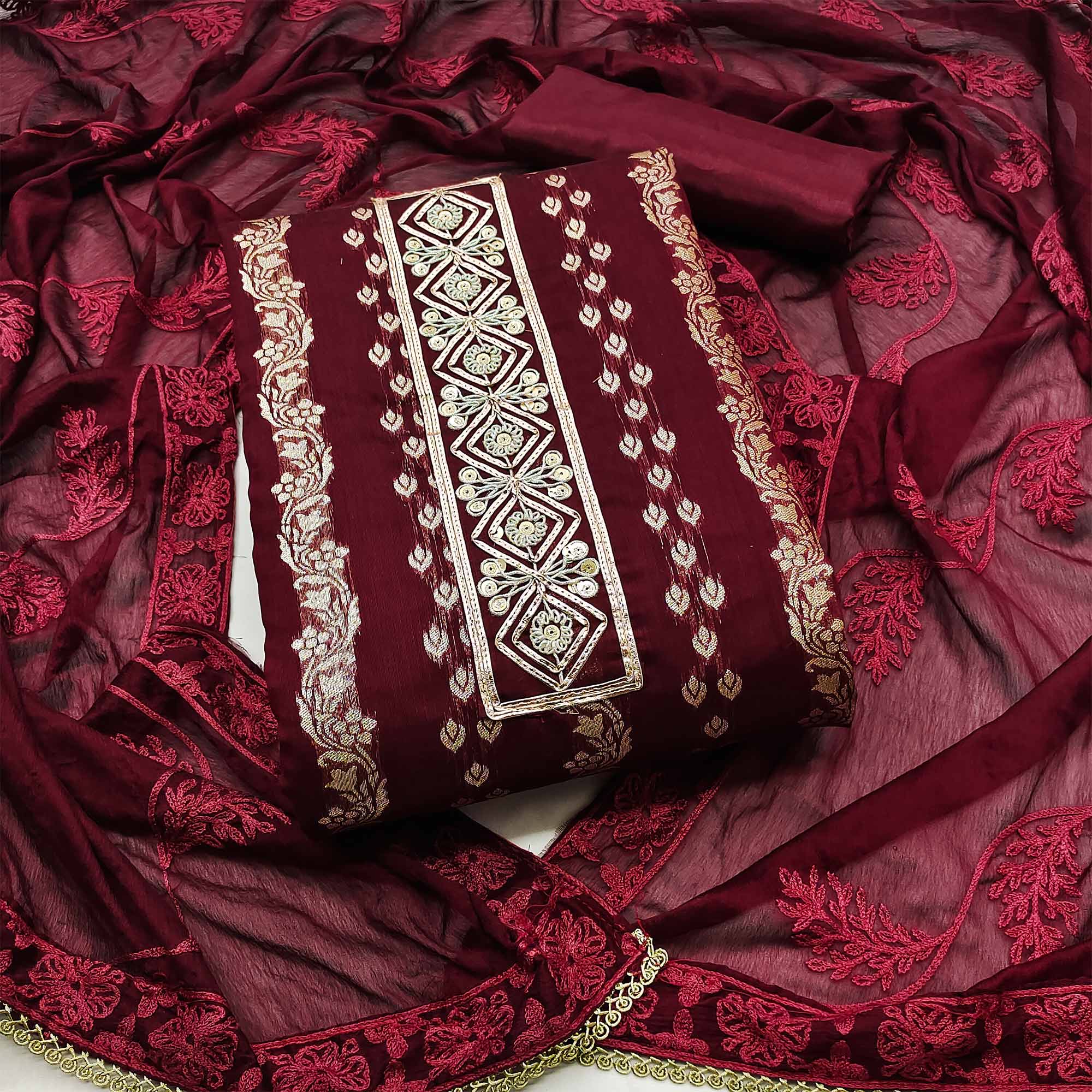 Maroon Woven Banarasi Silk Dress Material