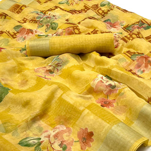 Yellow Floral Printed Linen Saree