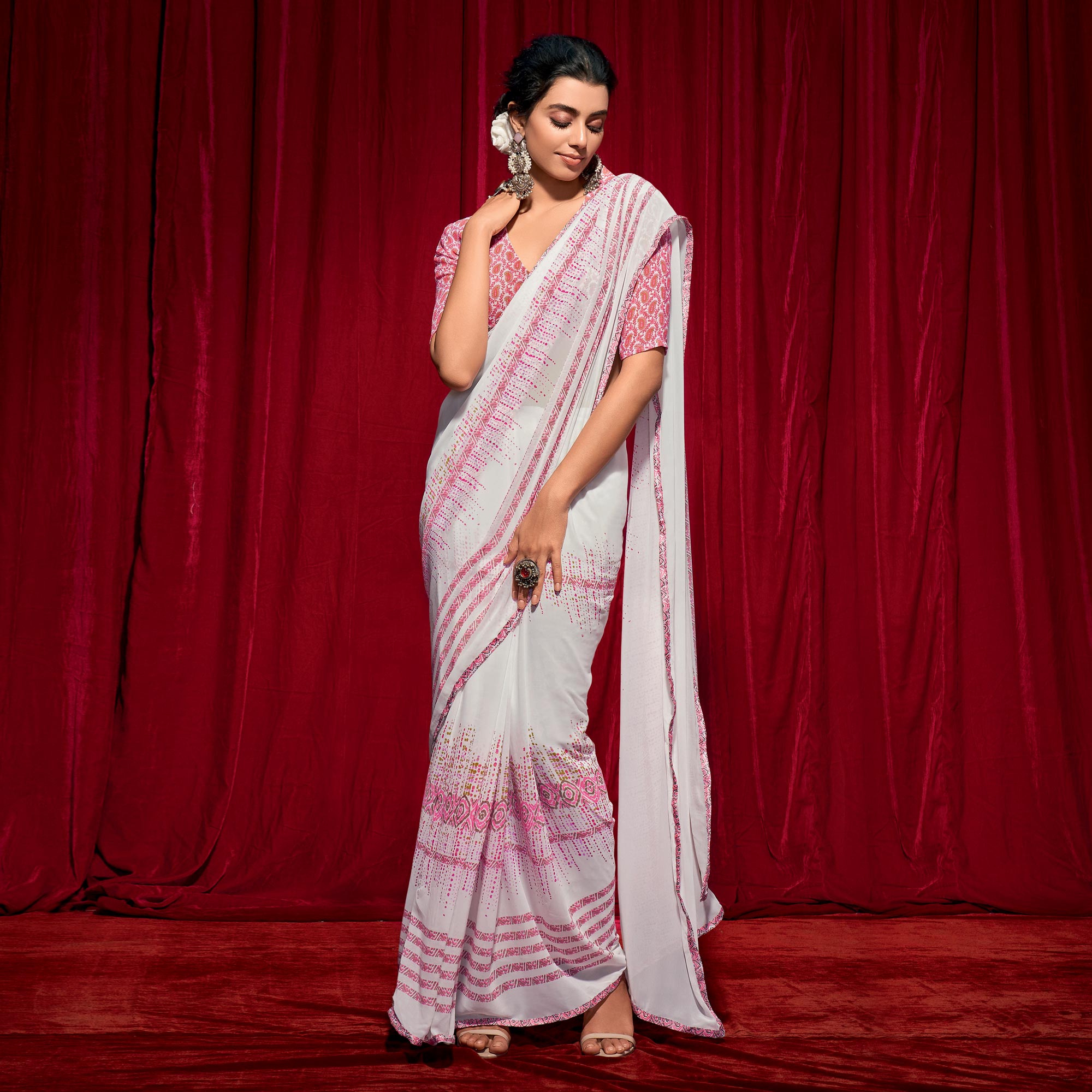 White Printed Georgette Saree