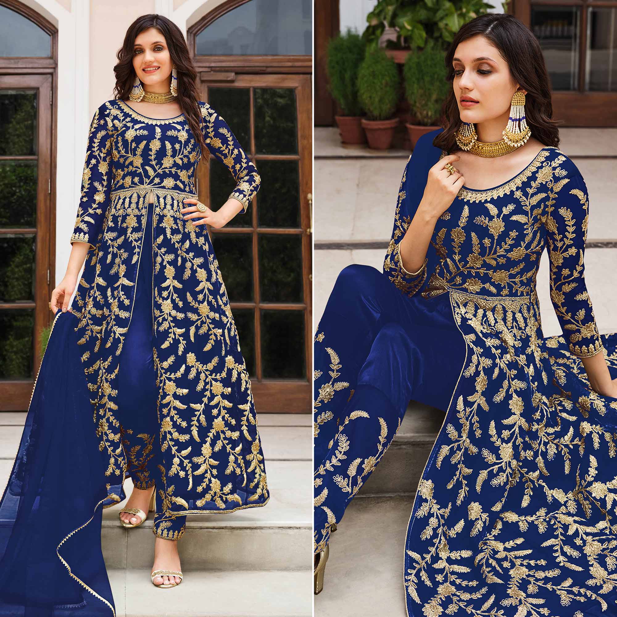 Blue Floral Embroidered Net Suit