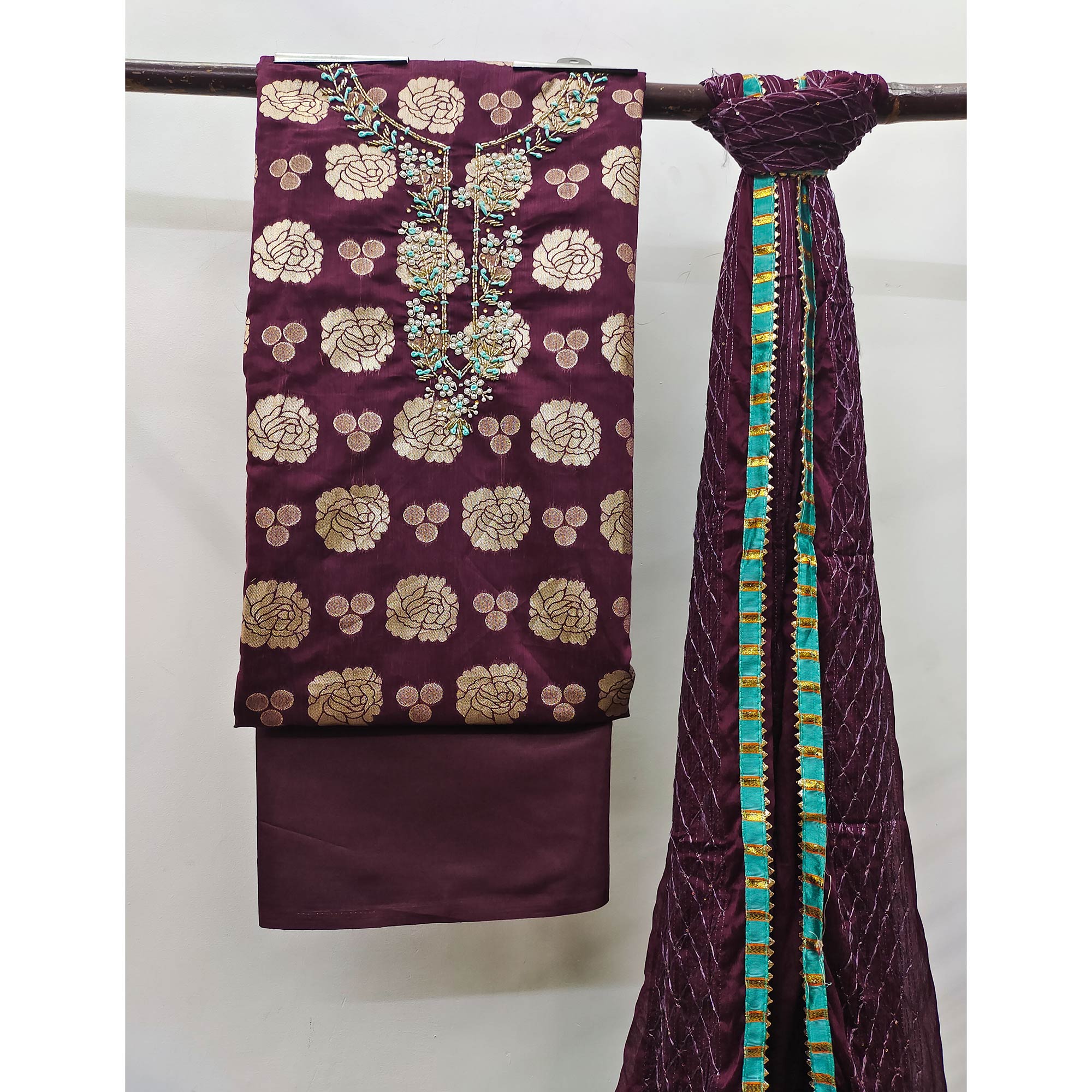 Wine Woven Banarasi Silk Dress Material