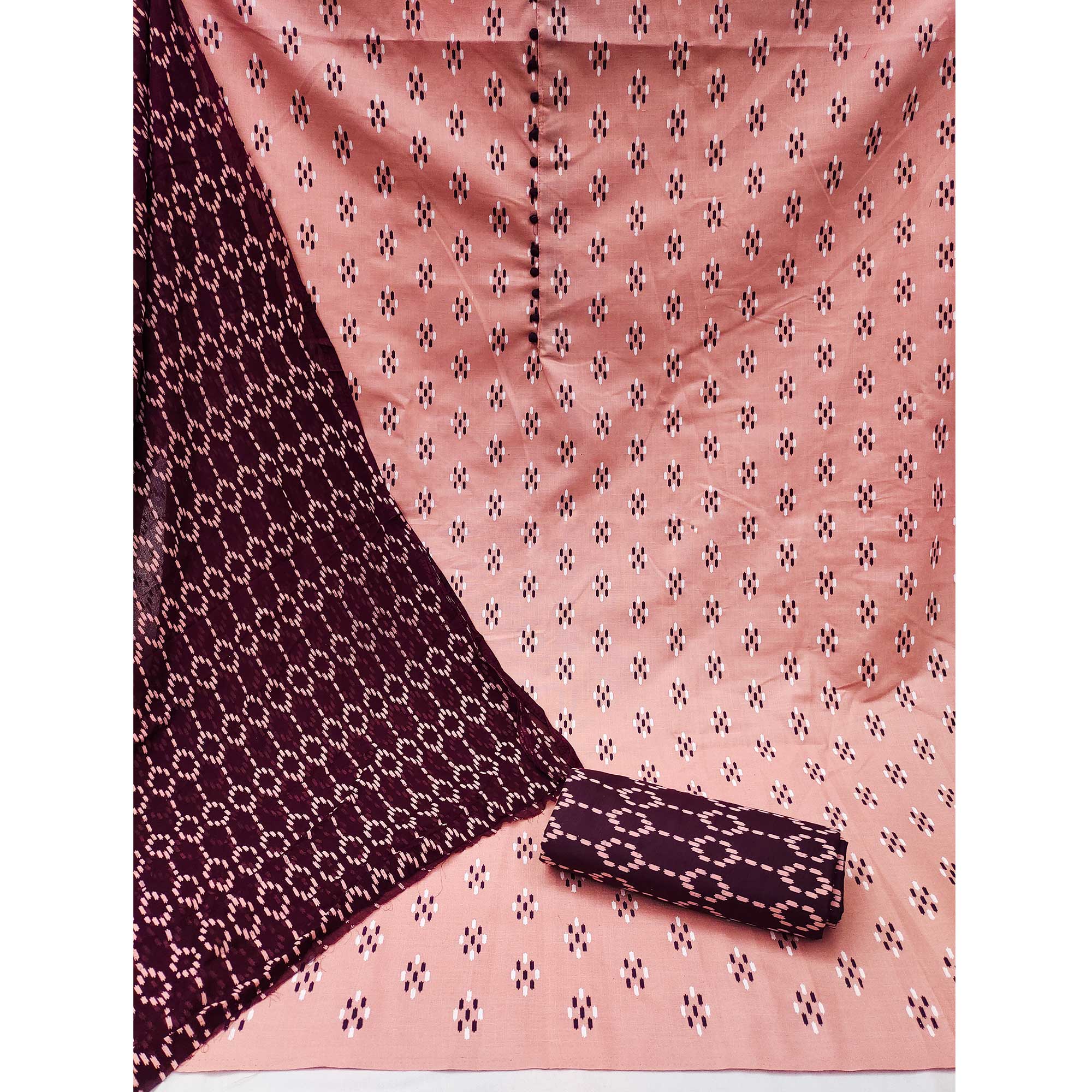 Peach Printed Cotton Blend Dress Material