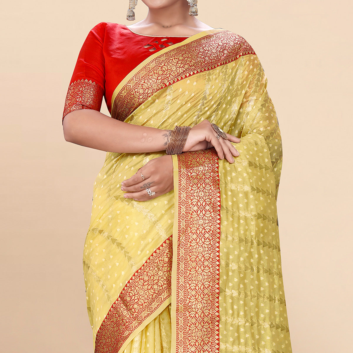 Yellow Woven Organza Saree With Tassels