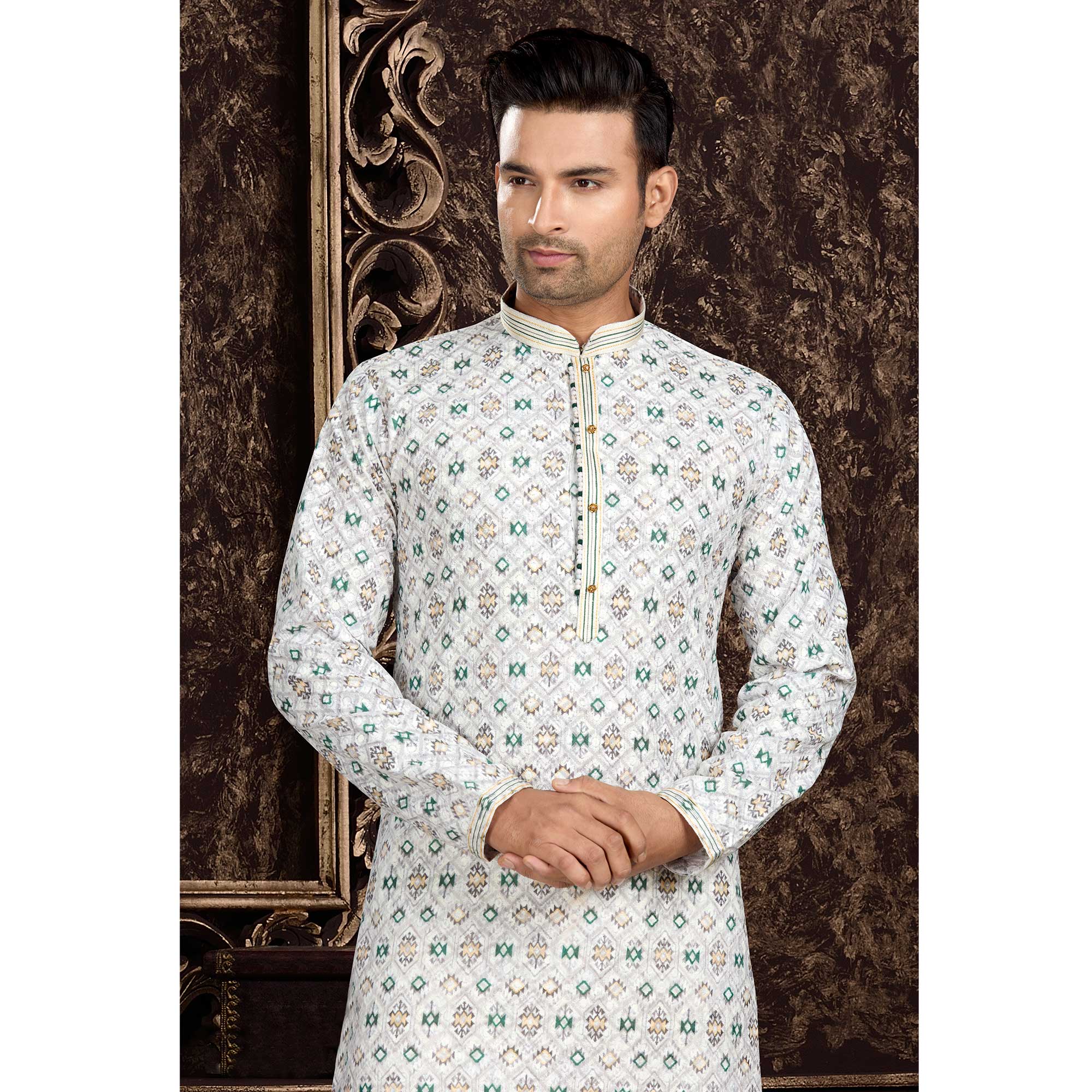 White Lucknowi And Digital Printed Cotton Kurta Pyjama Set