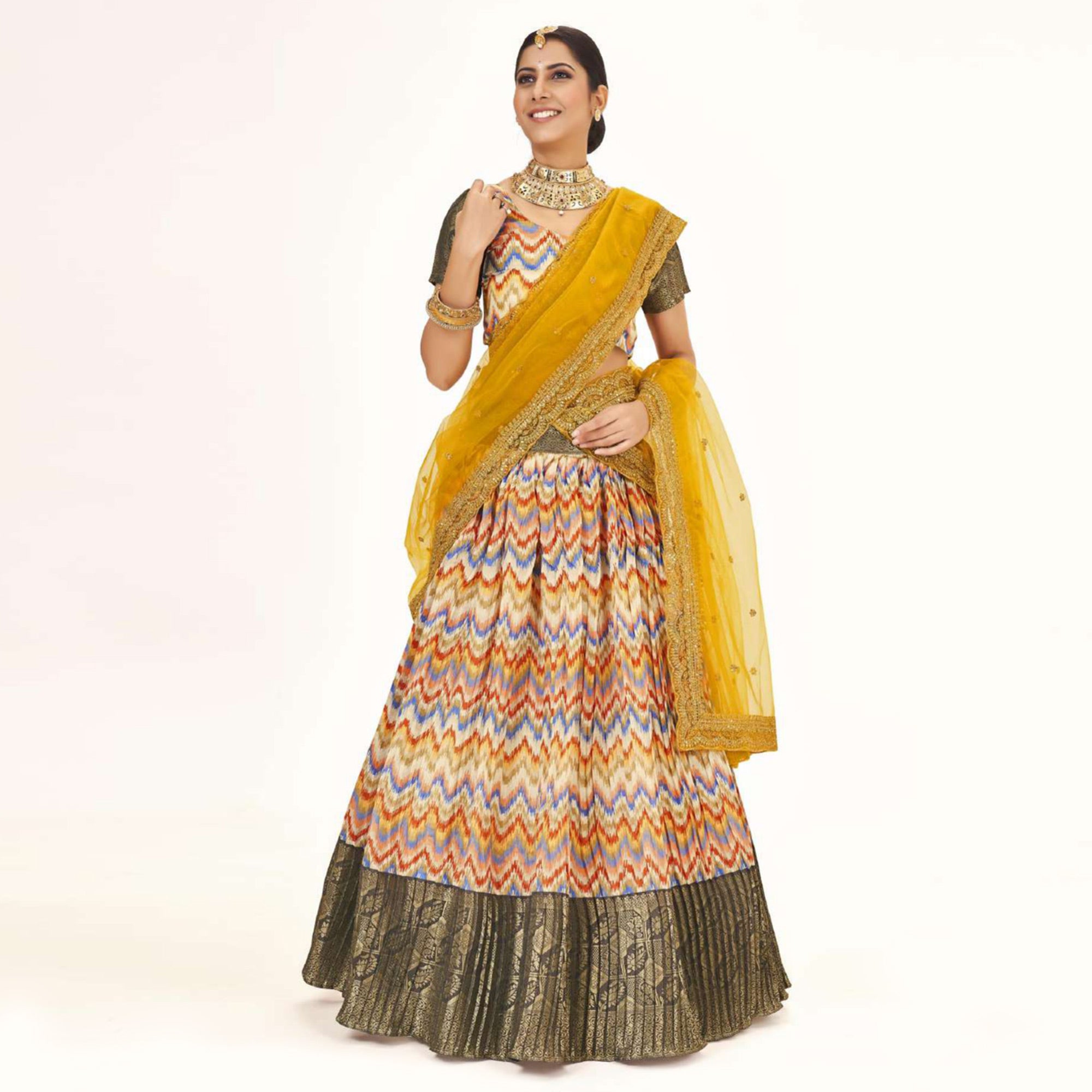 Multicolor Digital Printed With Zari Work Art Silk Lehenga Choli