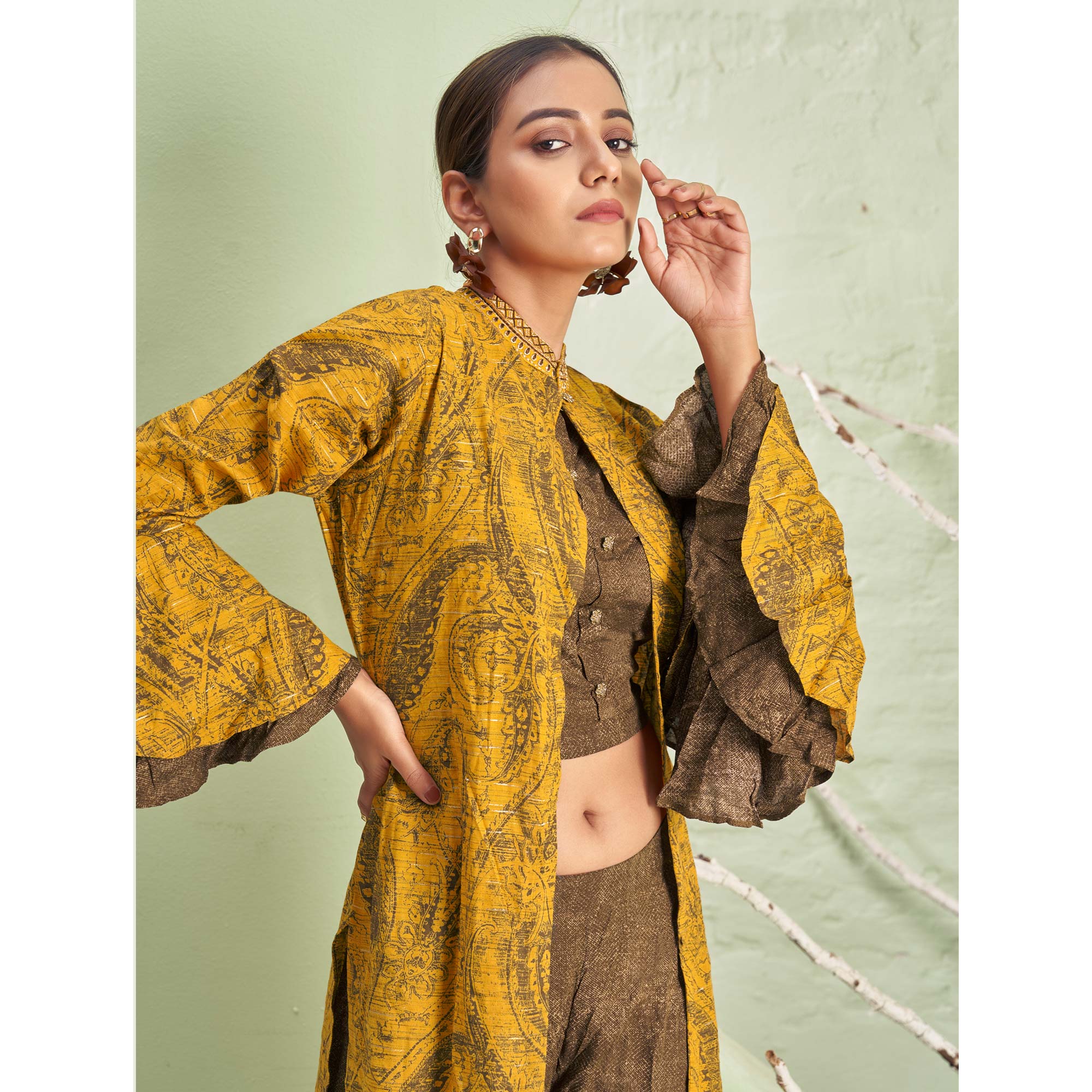 Mustard & Brown Printed Rayon Palazzo Suit With Jacket