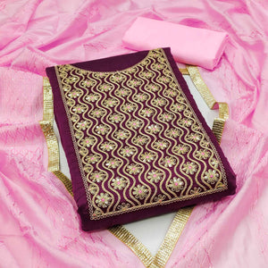 Wine Sequins Floral Embroidered Modal Dress Material