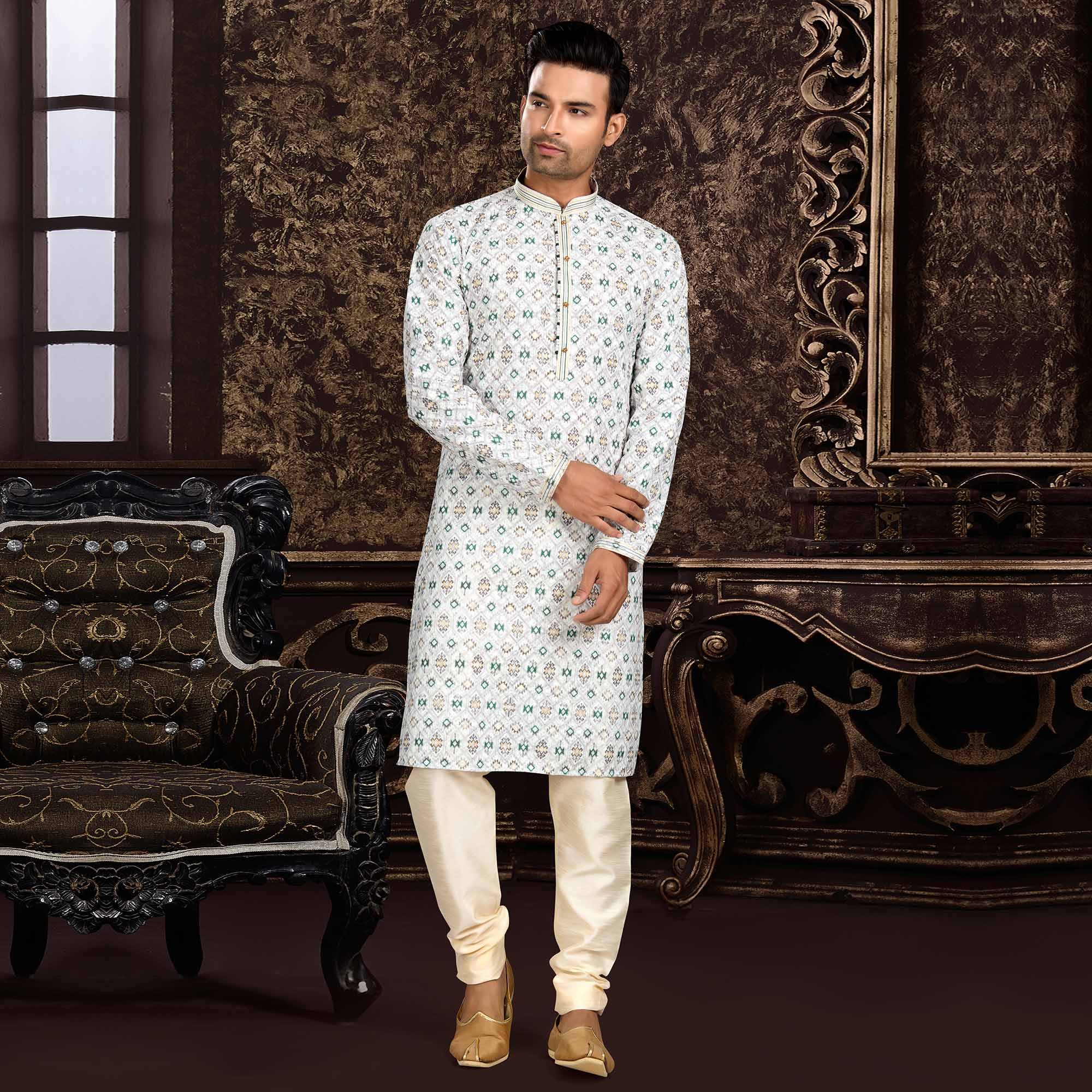 White Lucknowi And Digital Printed Cotton Kurta Pyjama Set