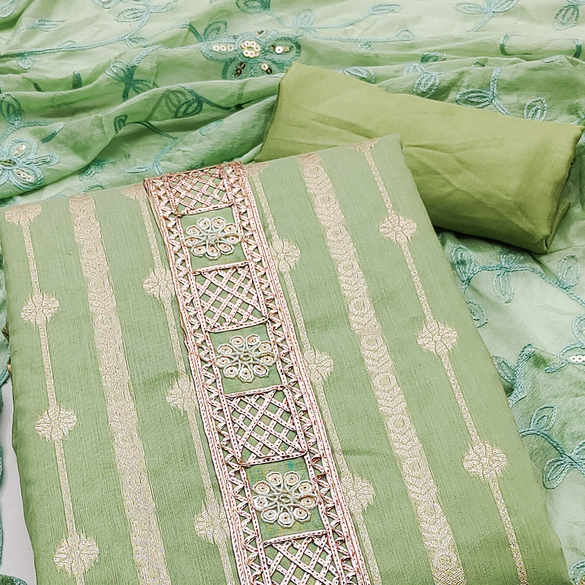 Green Woven Banarasi Silk Dress Material