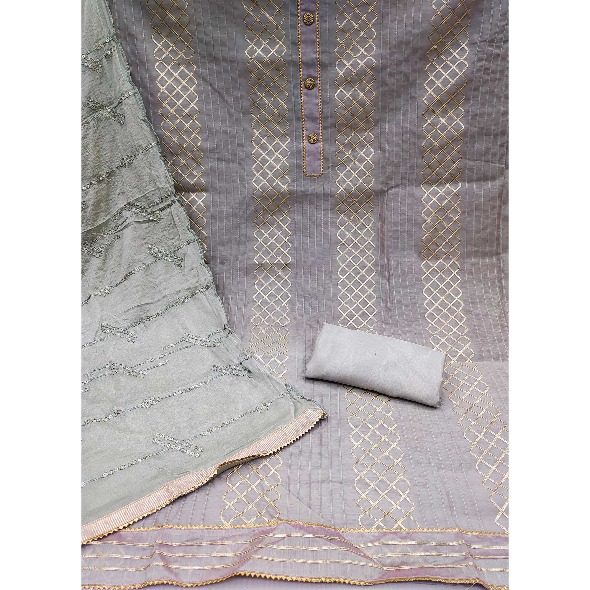 Grey Gota Work Chanderi Dress Material