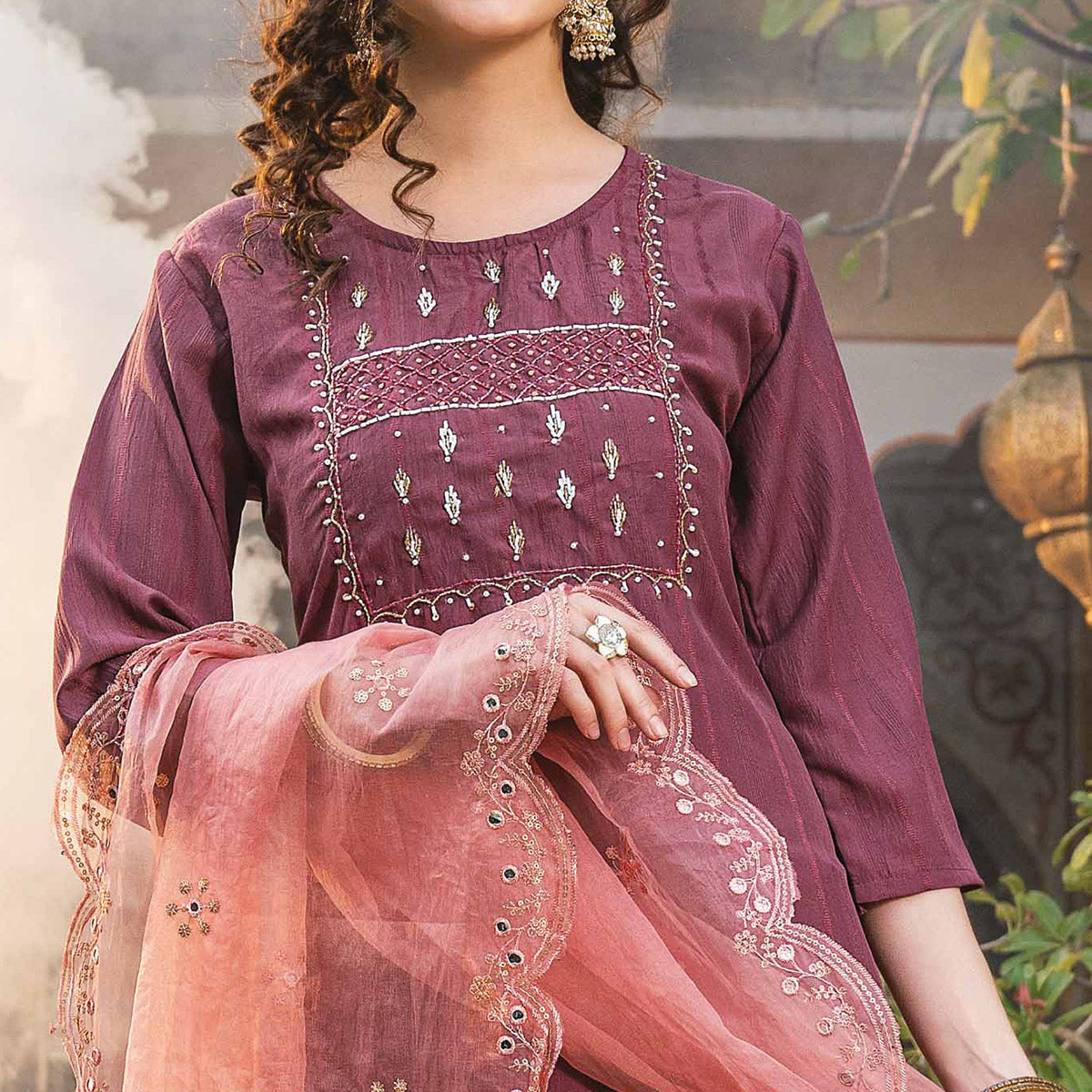 Dark Mauve Embellished Viscose Salwar Suit