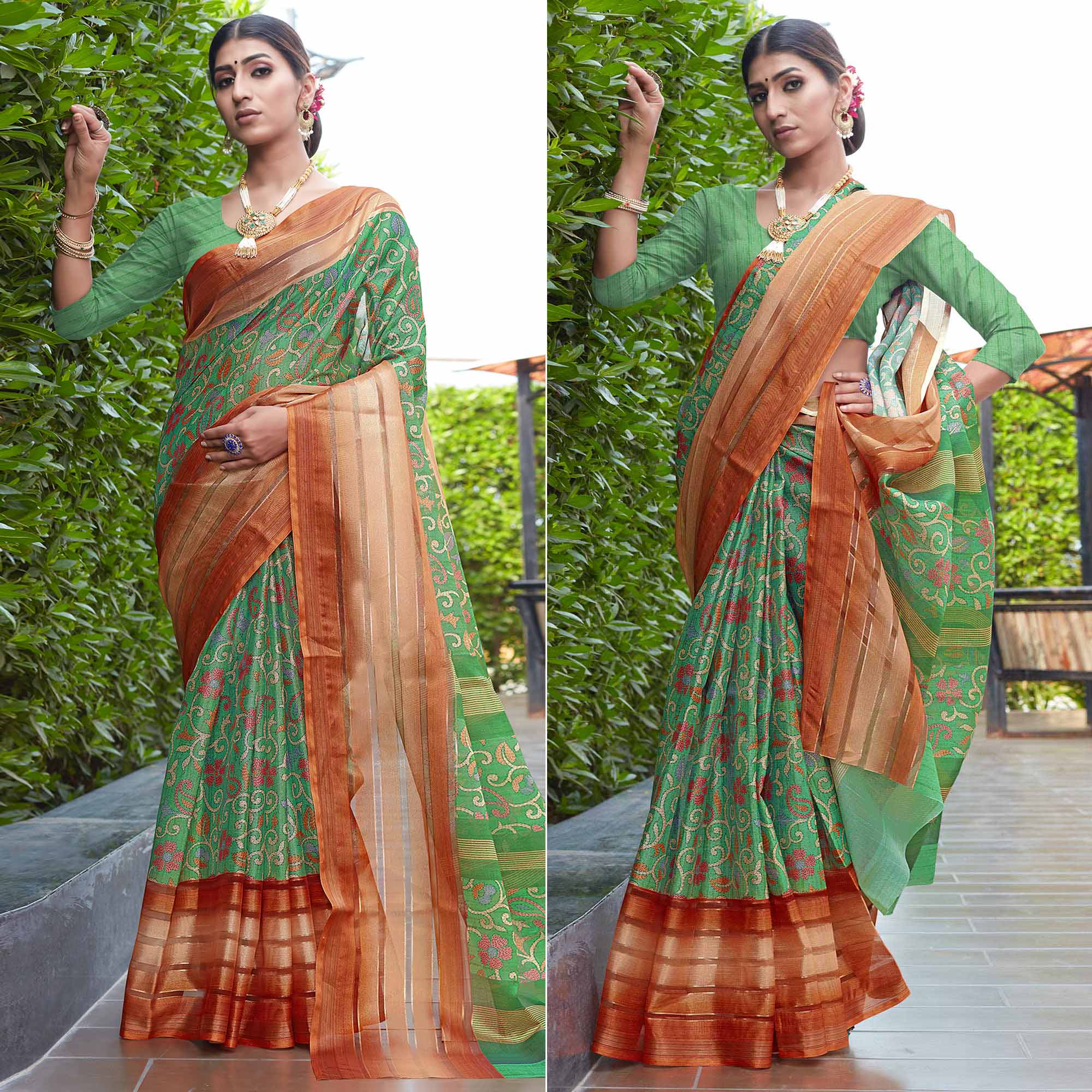 Green Floral Digital Printed Cotton Blend Saree