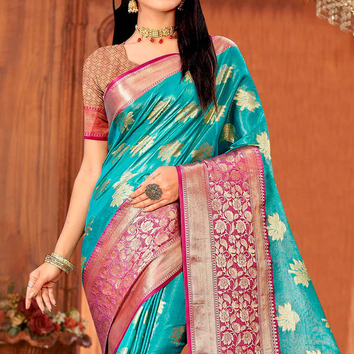 Firozi Woven Art Silk Saree With Tassels