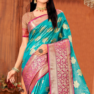 Firozi Woven Art Silk Saree With Tassels