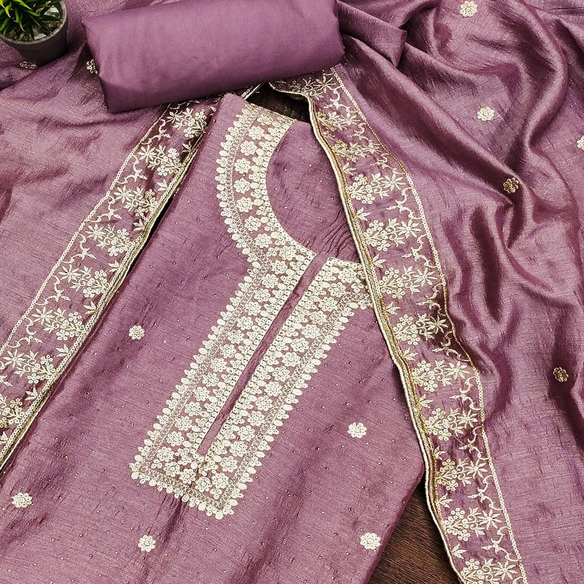 Mauve Floral Embroidered Modal Dress Material