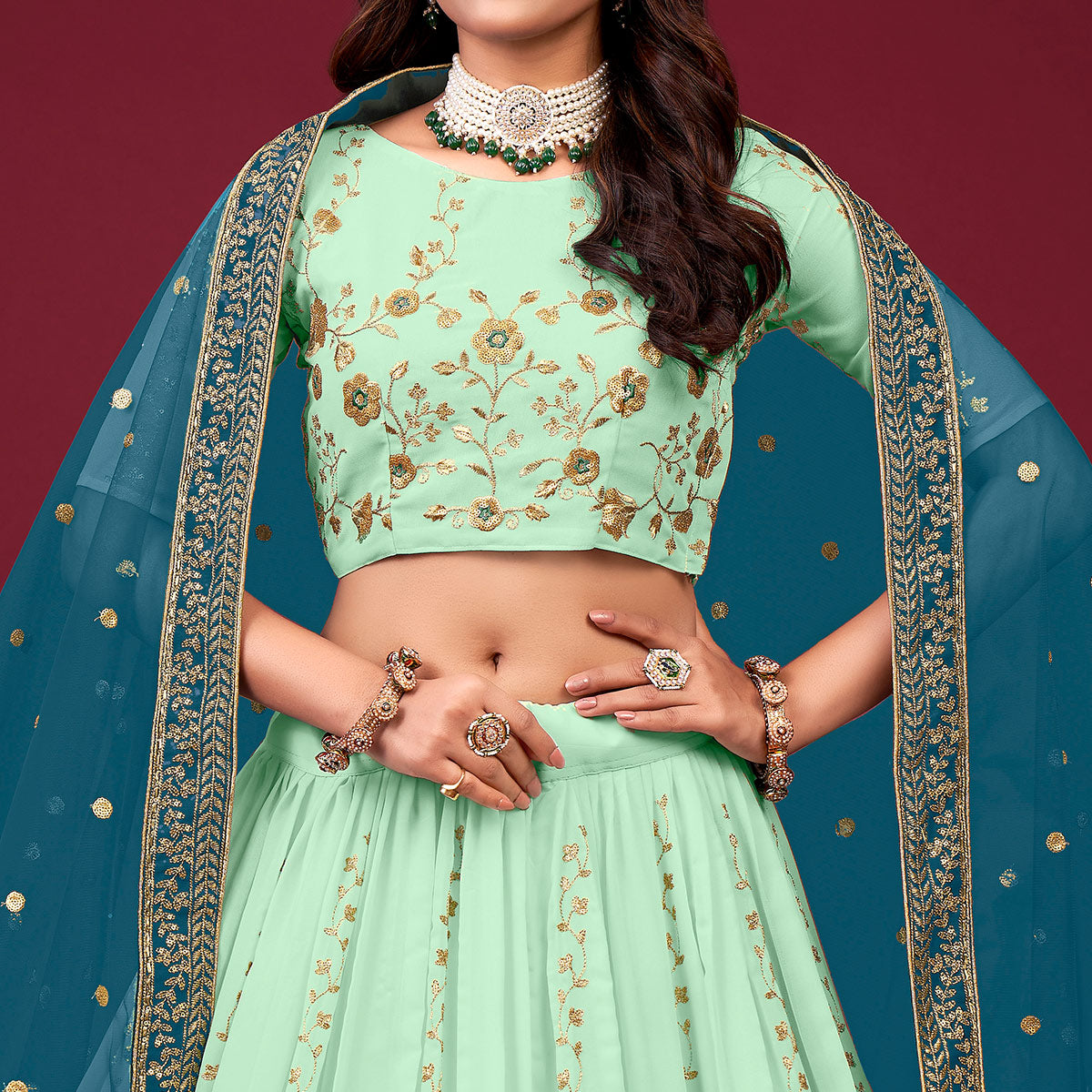 Sea Green Embroidered Georgette Lehenga Choli