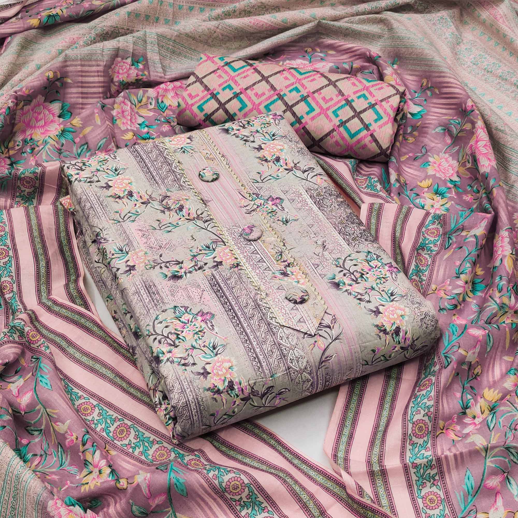 Peach Floral Printed Cotton Blend Dress Material