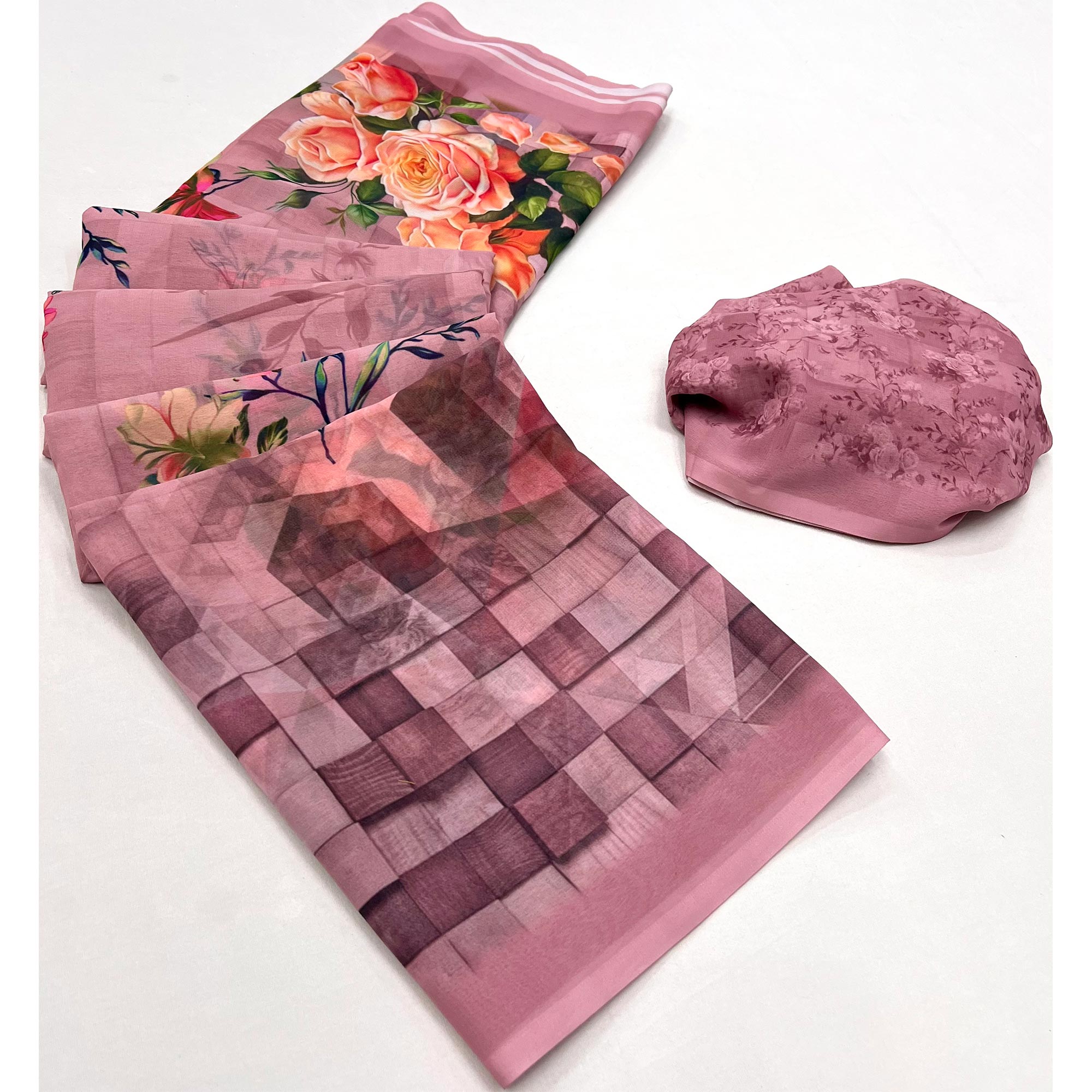 Peach Digital Printed Georgette Saree