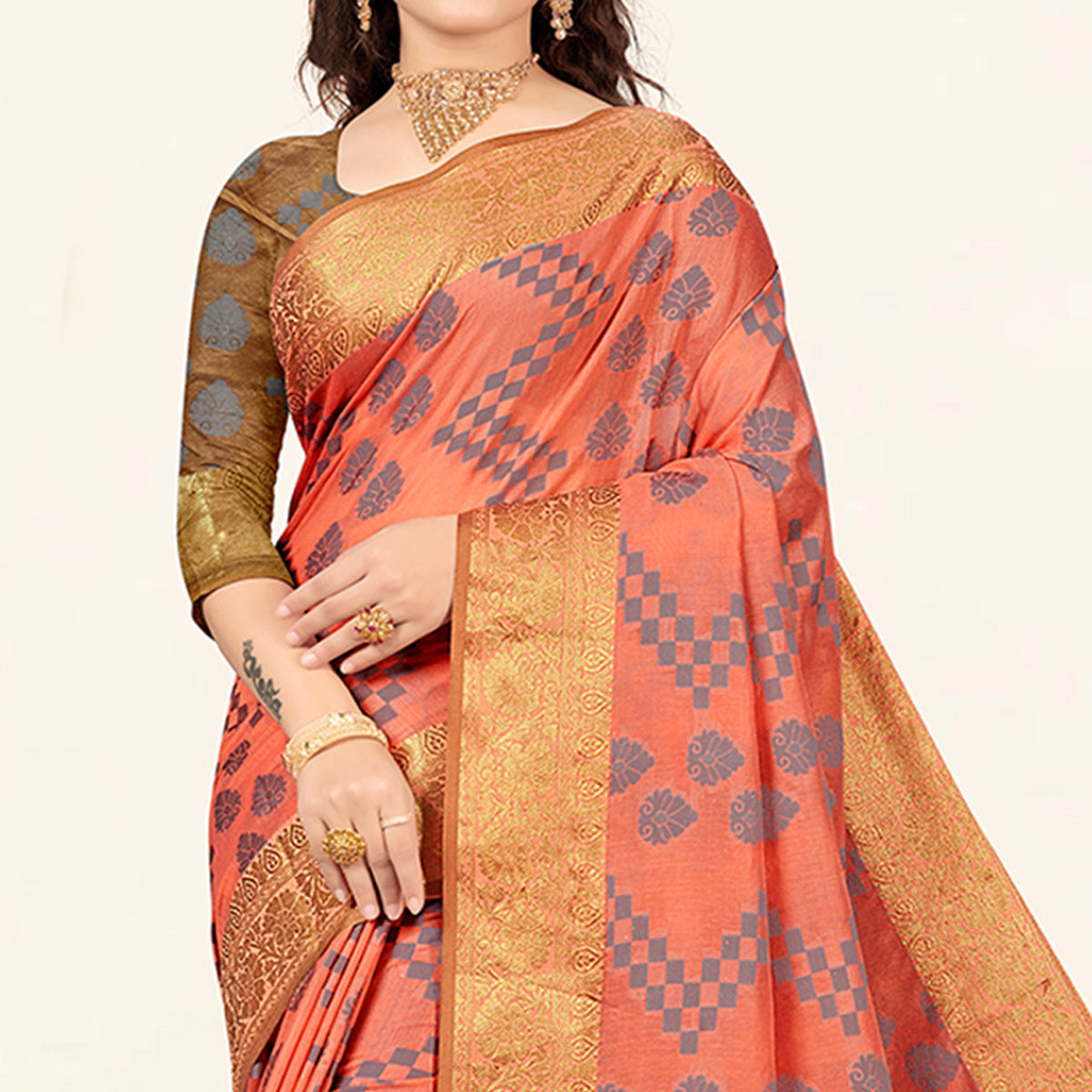 Peach Woven Cotton Saree