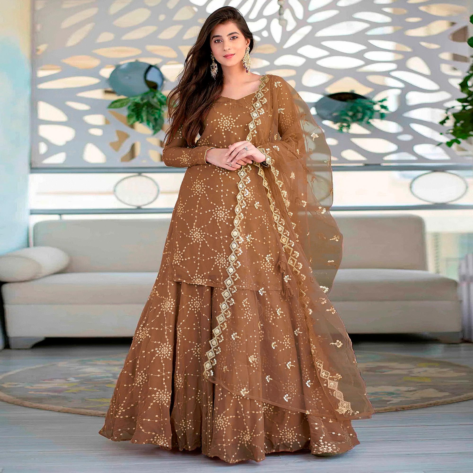 Brown Sequins Embroidered Georgette Semi Stitched Gharara Style Suit