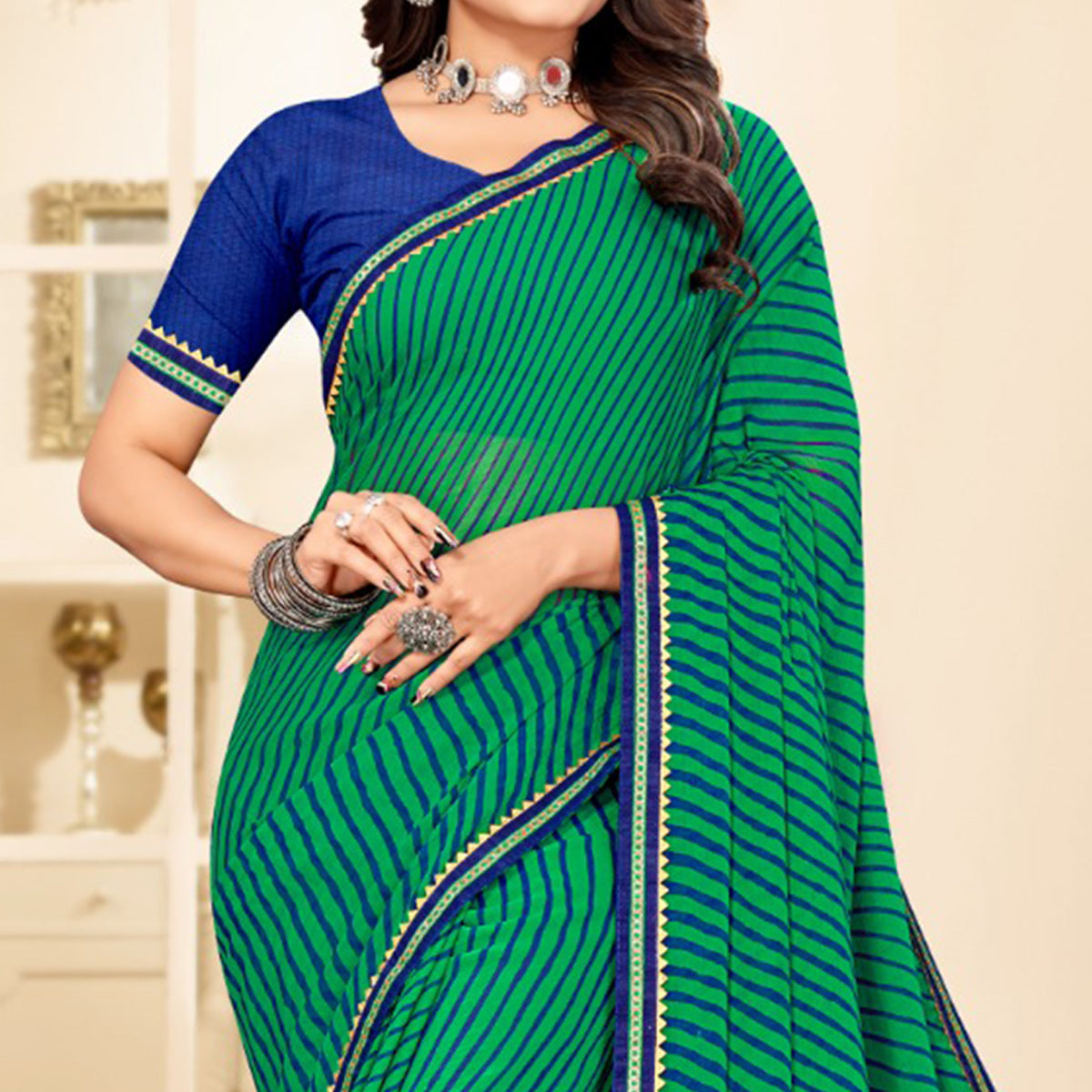 Green Digital Striped Printed Chiffon Saree With Tassels