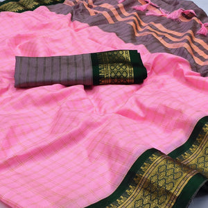 Baby Pink Checks With Woven Border Cotton Silk Saree