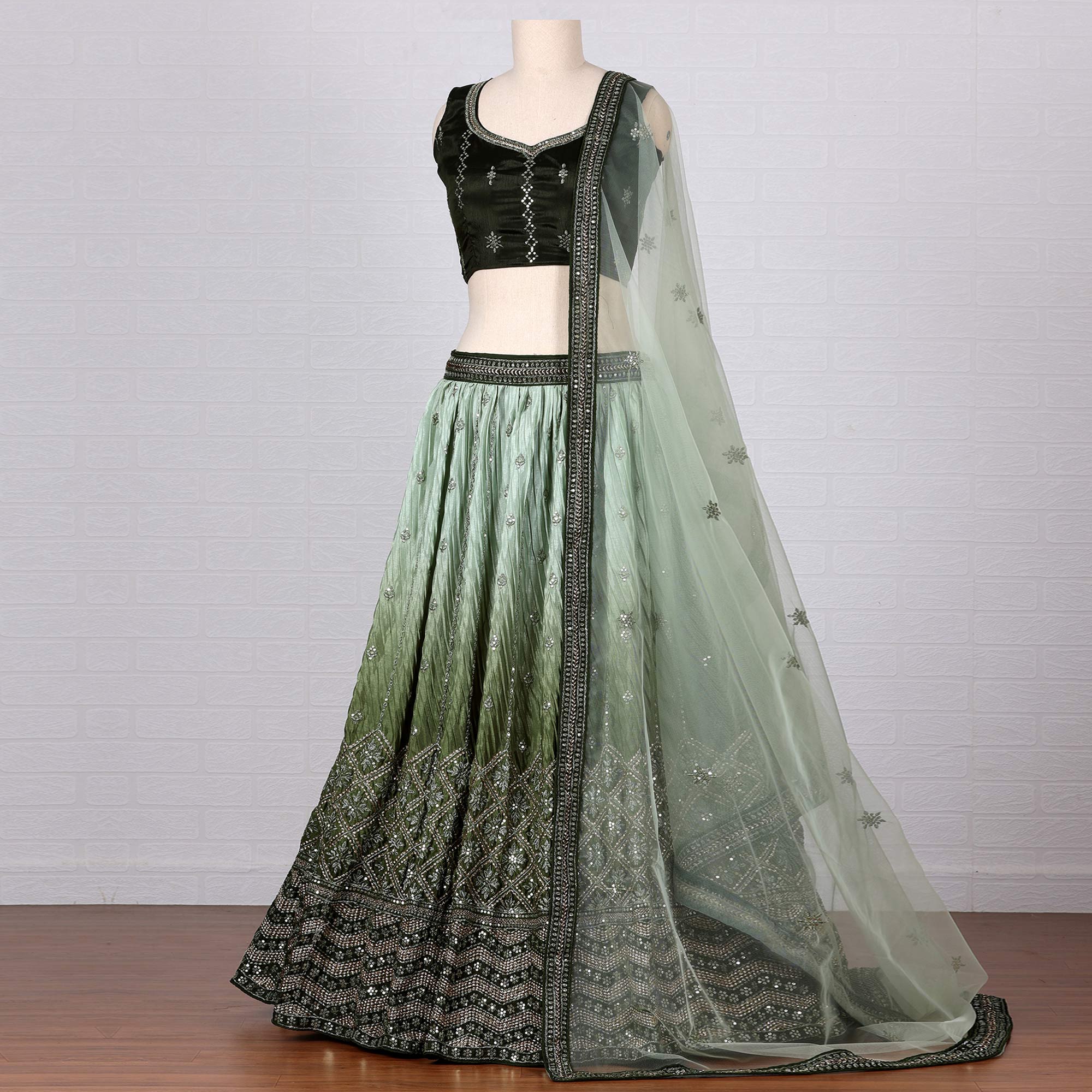 Green Sequins Embroidered Satin Lehenga Choli